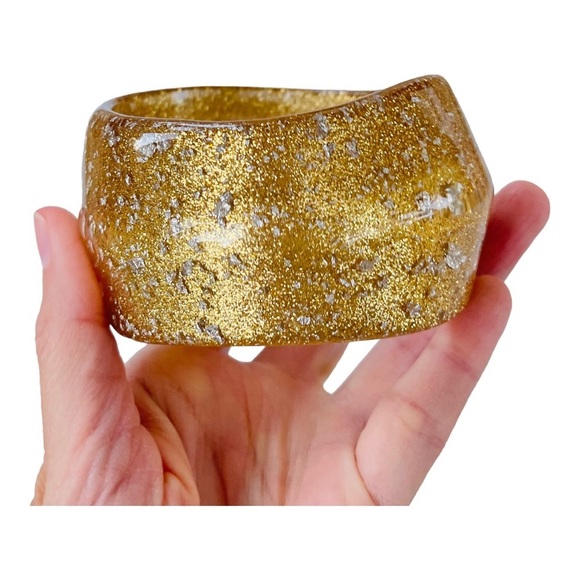 Chunky Wide Gold Glitter and Silver Flakes Lucite Bangle Bracelet - Picture 2 of 5